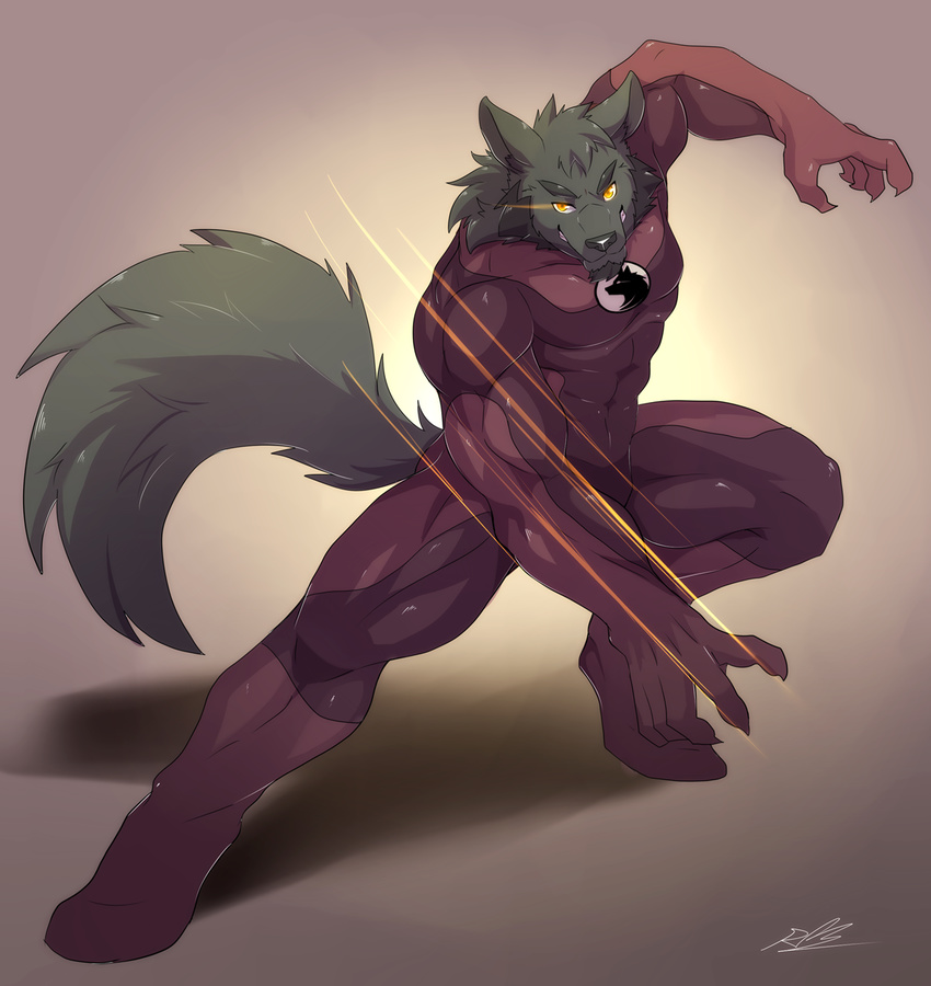 2014 5_fingers abs anthro beard biceps biped canine clothed clothing digital_media_(artwork) eyebrows facial_hair fighting_stance fluffy fluffy_tail front_view full-length_portrait fur glowing glowing_eyes goatee grey_eyebrows grey_fur grey_nose grey_tail head_tuft hi_res long_tail looking_at_viewer male mammal muscular muscular_male pecs portrait pose quads rabbity richard_(tricksterd) rubber sideburns signature simple_background smile smirk snout solo superhero tight_clothing were werewolf yellow_eyes