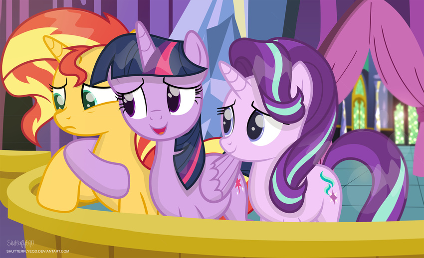 2017 cutie_mark equestria_girls equine feathered_wings feathers female feral friendship_is_magic group hair hi_res horn hug mammal multicolored_hair my_little_pony open_mouth purple_feathers sad shutterflyeqd smile starlight_glimmer_(mlp) sunset_shimmer_(eg) twilight_sparkle_(mlp) two_tone_hair unicorn winged_unicorn wings