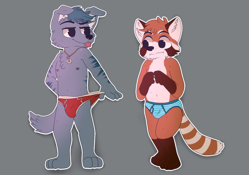 2017 anthro black_hair black_nose blue_hair briefs brown_hair bulge butt canine chibi clothed clothing cub cute digital_media_(artwork) dog duo fur hair hybrid male male/male mammal nipples red_panda shy simple_background skymafia smile standing sweat tongue topless underwear white_fur wolf young