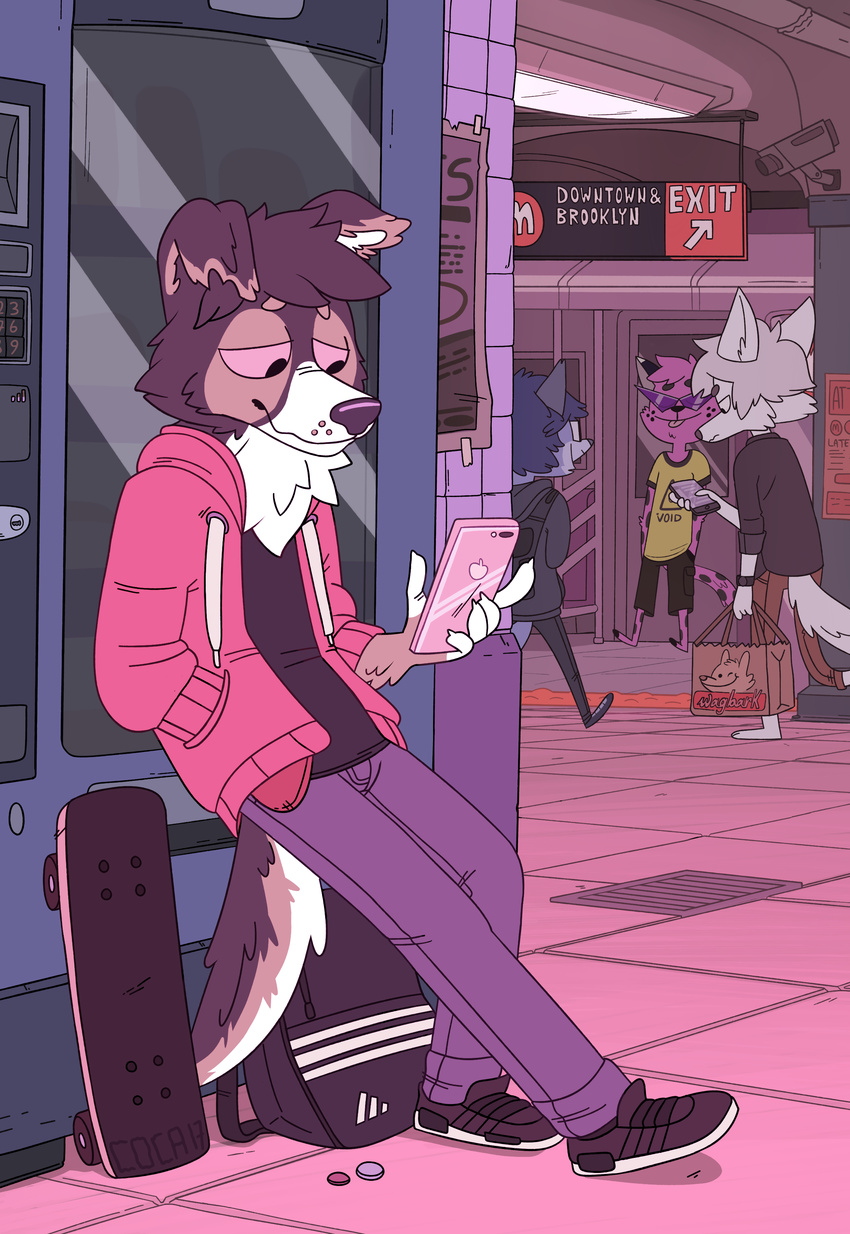 2017 5_fingers absurd_res adidas ambiguous_gender ambiguous_species anthro backpack barefoot big_eyes black_shirt brown_fur brown_hair canine cellphone cheek_tuft clothed clothing cocadope detailed_background digital_media_(artwork) dog english_text eyebrows feline flat_colors floppy_ears fully_clothed fur group hair hand_in_pocket hands_in_pockets hi_res hoodie humanoid_hands inside jeans kamina_shades leaning_against_wall male mammal neck_tuft new_york_city one_eye_closed pants phone pink_fur pink_hair public_transportation purple_fur purple_hair red_sclera security_camera shirt shopping_bag short_hair shorts skateboard slice_of_life smile sneakers solo_focus spots subway t-shirt tan_fur text tongue tongue_out toony tuft underground vending_machine walking white_fur white_hair wink