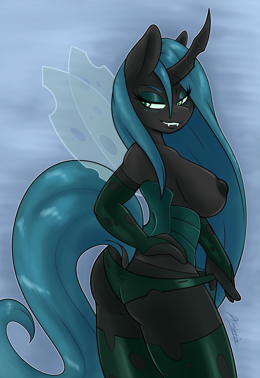 2016 3_fingers absurd_res ambris anthro areola armwear big_breasts breasts butt changeling clothed clothing elbow_gloves erect_nipples eyebrows eyelashes eyeshadow female friendship_is_magic gloves green_eyes hand_on_hip hi_res insect_wings legwear makeup my_little_pony nipples panties queen_chrysalis_(mlp) side_boob signature solo teeth thigh_highs topless underwear undressing wings