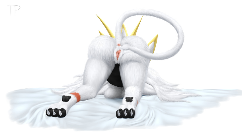 2017 anthro ass_up bed big_butt breasts butt claws female fur inviting legendary_pok&eacute;mon lying nintendo nude on_bed pok&eacute;mon presenting presenting_hindquarters pussy raised_tail solgaleo solo spread_pussy spreading testowepiwko under_boob video_games