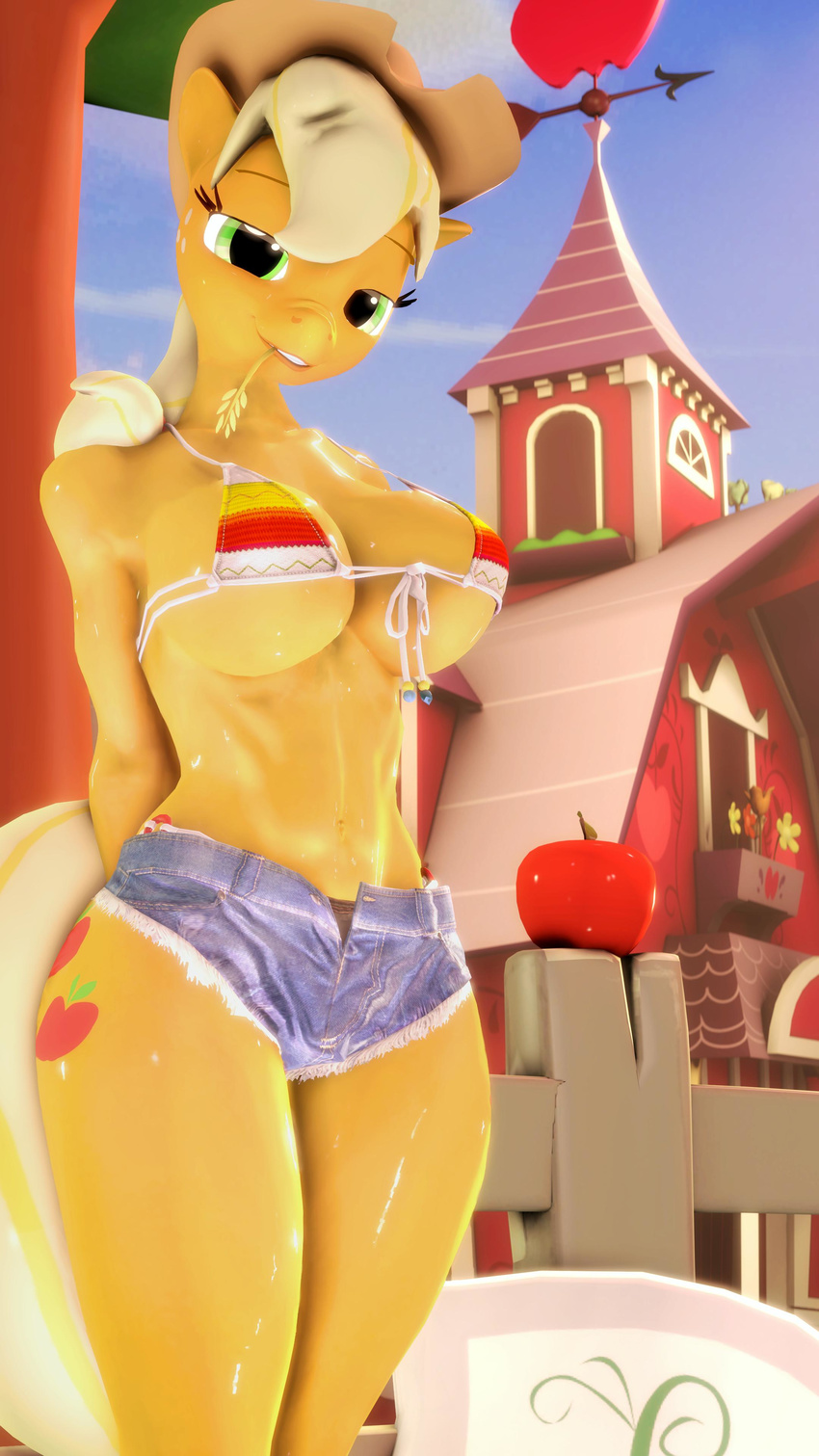 2017 3d_(artwork) absurd_res anthro anthrofied apple applejack_(mlp) barn big_breasts bikini bikini_top blonde_hair breasts cleavage clothed clothing cowboy_hat cutie_mark digital_media_(artwork) equine farm female food freckles friendship_is_magic fruit green_eyes hair hands_behind_back hat hi_res horse indigosfm looking_at_viewer mammal my_little_pony navel object_in_mouth outside pony skimpy smile solo source_filmmaker standing swimsuit thick_thighs voluptuous wide_hips