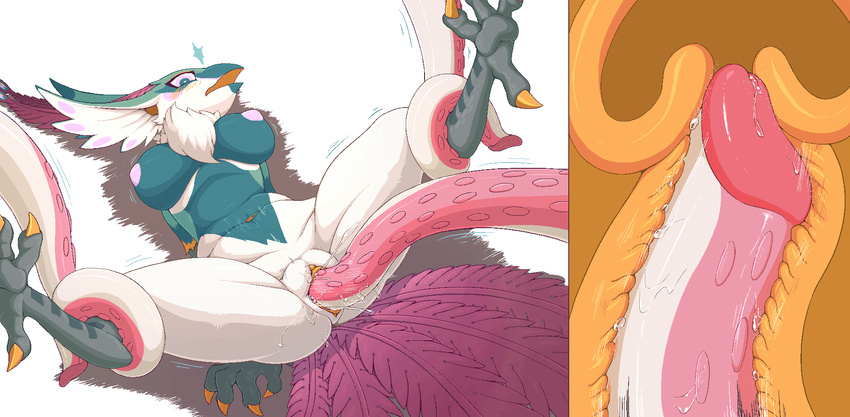 2017 anthro ass_up avian beak blush breasts chest_tuft clitoris feathers hi_res internal lying navel nipples nude on_back pata penetration penis_tentacles pink_nipples pussy pussy_juice questionable_consent restrained solo tail_feathers talons tentacle_sex tentacles tuft uterus vaginal vaginal_penetration yellow_pussy