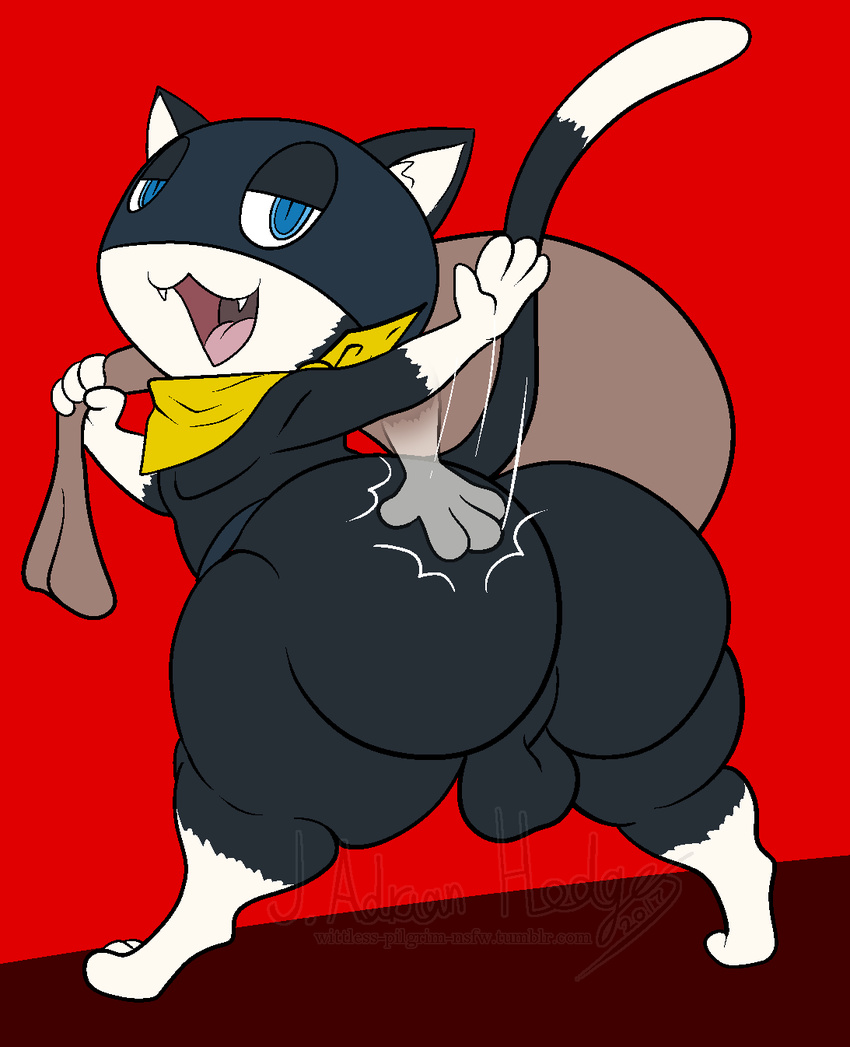 2017 4_fingers :3 aliasing anthro backsack balls bandanna bedroom_eyes big_butt biped black_and_white_and_red black_balls black_body black_tail blue_eyes bubble_butt butt butt_focus butt_slap cat digital_drawing_(artwork) digital_media_(artwork) digitigrade dipstick_tail fangs feline full-length_portrait gloves_(marking) half-closed_eyes hi_res holding_object humanoid_hands inner_ear_fluff long_tail looking_at_viewer looking_back male mammal markings megami_tensei morgana_(persona) mostly_nude motion_blur motion_lines multicolored_tail open_mouth open_smile perineum persona pink_tongue portrait presenting presenting_hindquarters rear_view red_background sack seductive shortstack simple_background slap slit_pupils smile socks_(marking) solo spread_legs spreading standing thick_thighs tongue two_tone_body watermark white_body white_tail wittless-pilgrim