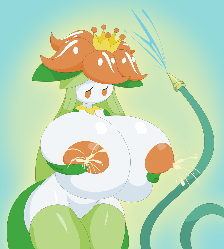 2017 absurd_res alternate_species big_breasts big_thighs biped breast_grab breast_squeeze breasts clothing crown digital_drawing_(artwork) digital_media_(artwork) eyelashes female flora_fauna flower front_view gradient_background green_background green_hair green_legwear hair hand_on_breast hi_res hose huge_breasts humanoid humanoidized lactating leaf leaking legwear milk mostly_nude nintendo nipples not_furry orange_eyes orange_nipples plant pok&eacute;mon pok&eacute;morph portrait projectile_lactation pussy shmeepo simple_background small_waist solo standing thigh_highs three-quarter_portrait video_games voluptuous water white_body white_pussy yellow_background