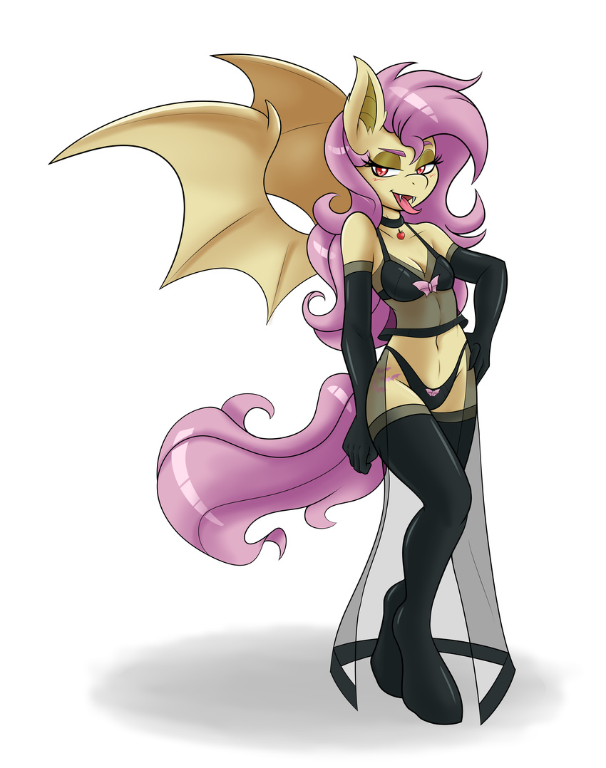 2016 5_fingers absurd_res ambris anthro anthrofied armwear bare_shoulders bat_pony bat_wings blush breasts cleavage clothed clothing collar cutie_mark elbow_gloves equine eyebrows eyelashes fangs female flutterbat_(mlp) fluttershy_(mlp) friendship_is_magic gloves hair half-closed_eyes hand_on_hip hi_res jewelry legwear lingerie long_hair looking_at_viewer mammal membranous_wings midriff my_little_pony navel necklace open_mouth panties pink_hair red_eyes simple_background solo standing thigh_highs tongue tongue_out translucent transparent_clothing underwear white_background wings
