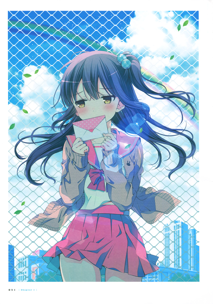 absurdres animal_print blue_hair blush building bunny_print cardigan chain-link_fence cloud cloudy_sky covering_mouth day fence hair_bobbles hair_ornament heart highres hinako_note holding_letter leaf lens_flare letter long_hair looking_away love_letter march-bunny nakajima_yua one_side_up open_cardigan open_clothes page_number plaid plaid_hair_ornament pleated_skirt polka_dot polka_dot_object rainbow red_skirt scan school_uniform serafuku skirt sky solo yellow_eyes