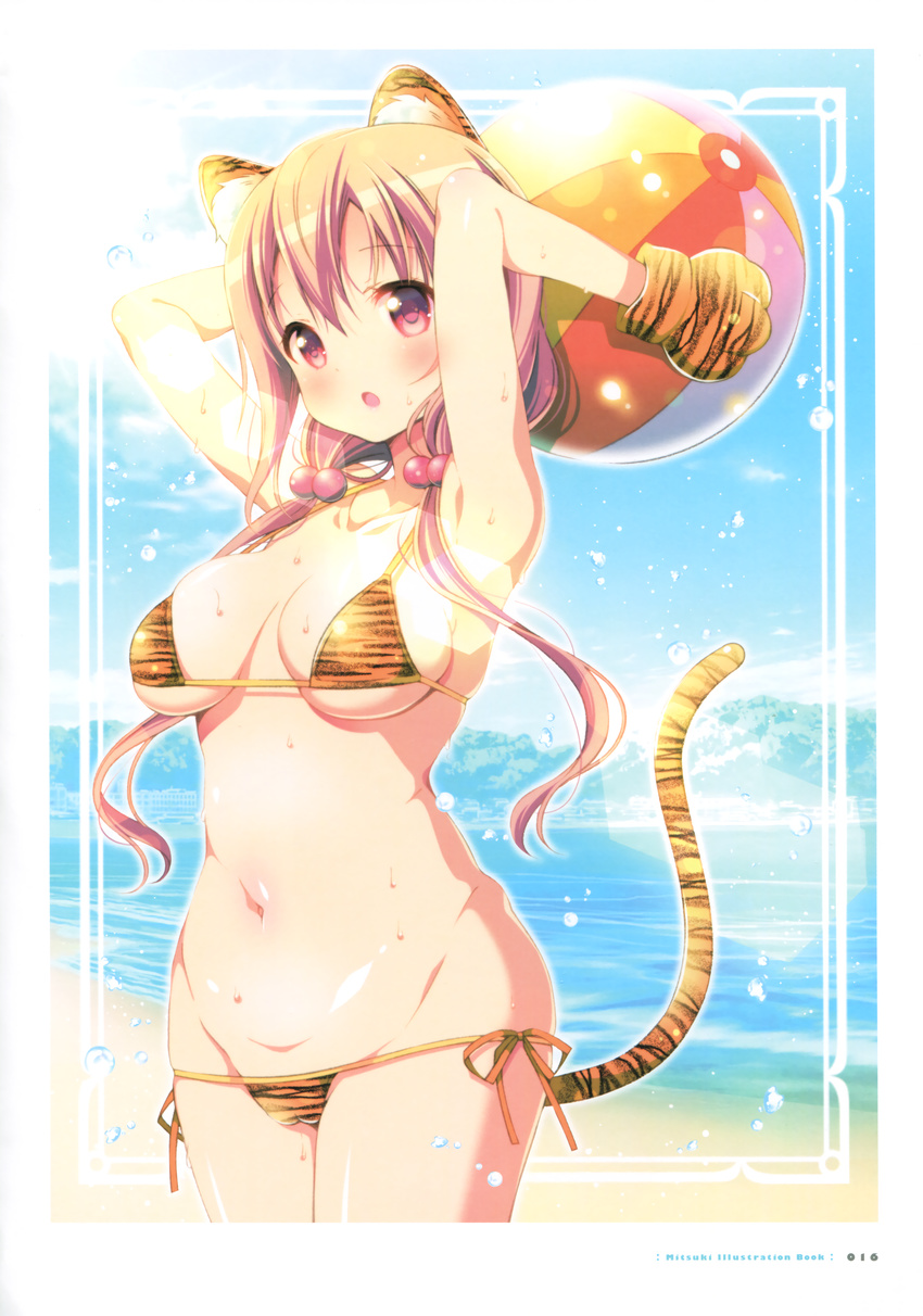 absurdres animal_ears armpits arms_up ball beach beachball bikini blonde_hair blush breasts cameltoe cowboy_shot day eyebrows_visible_through_hair gloves groin hair_between_eyes hair_bobbles hair_ornament highres hinako_note long_hair looking_at_viewer march-bunny medium_breasts navel ocean open_mouth orange_bikini outdoors page_number paw_gloves paws red_eyes sakuragi_hinako side-tie_bikini sideboob solo standing striped striped_bikini swimsuit tail tail_raised tiger_ears tiger_tail twintails underboob wet
