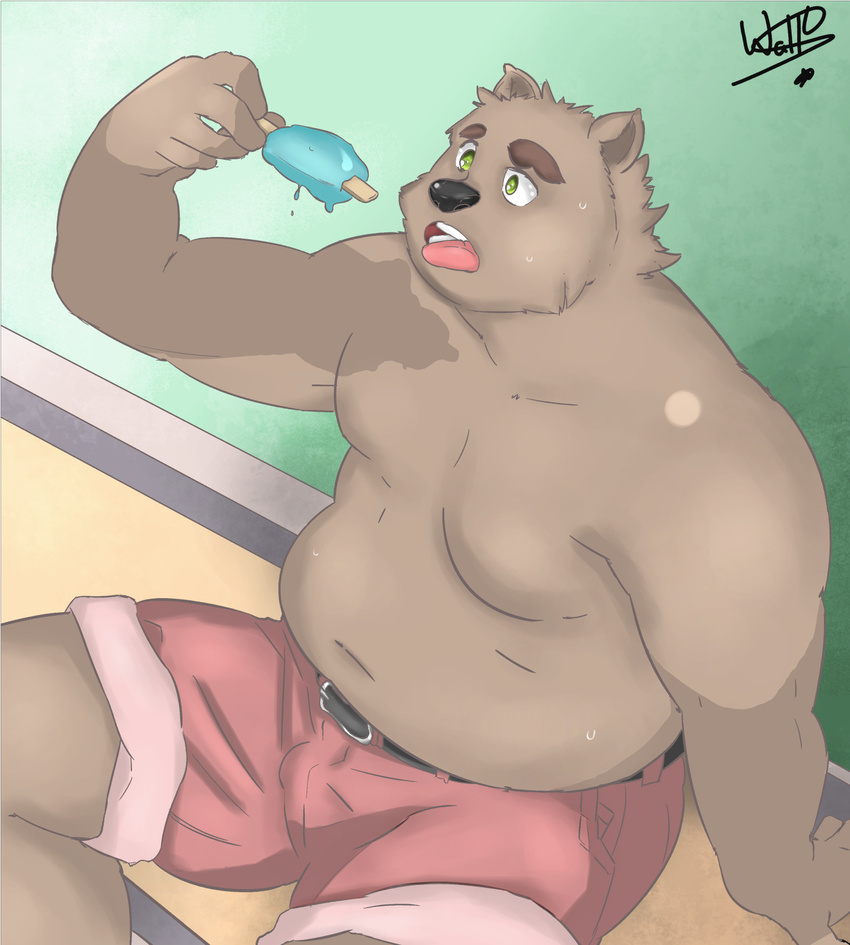 anthro bear bulge clothed clothing cosmic51moon dessert eating food fur hi_res humanoid ice_cream male mammal musclegut muscular muscular_male shorts sitting slightly_chubby sweat