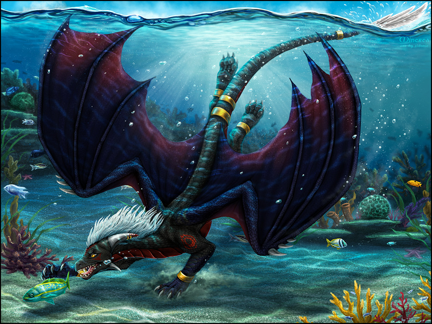 ambiguous_gender detailed_background detailed_scales dragon feral fish group hair horn marine membranous_wings open_mouth scalie sidonie teeth tongue underwater water western_dragon white_hair wings yellow_eyes