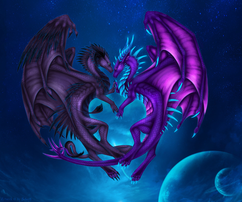 ambiguous_gender claws detailed_background detailed_scales dragon duo feral horn membranous_wings planet purple_scales ridged_horn scales selianth spines wings