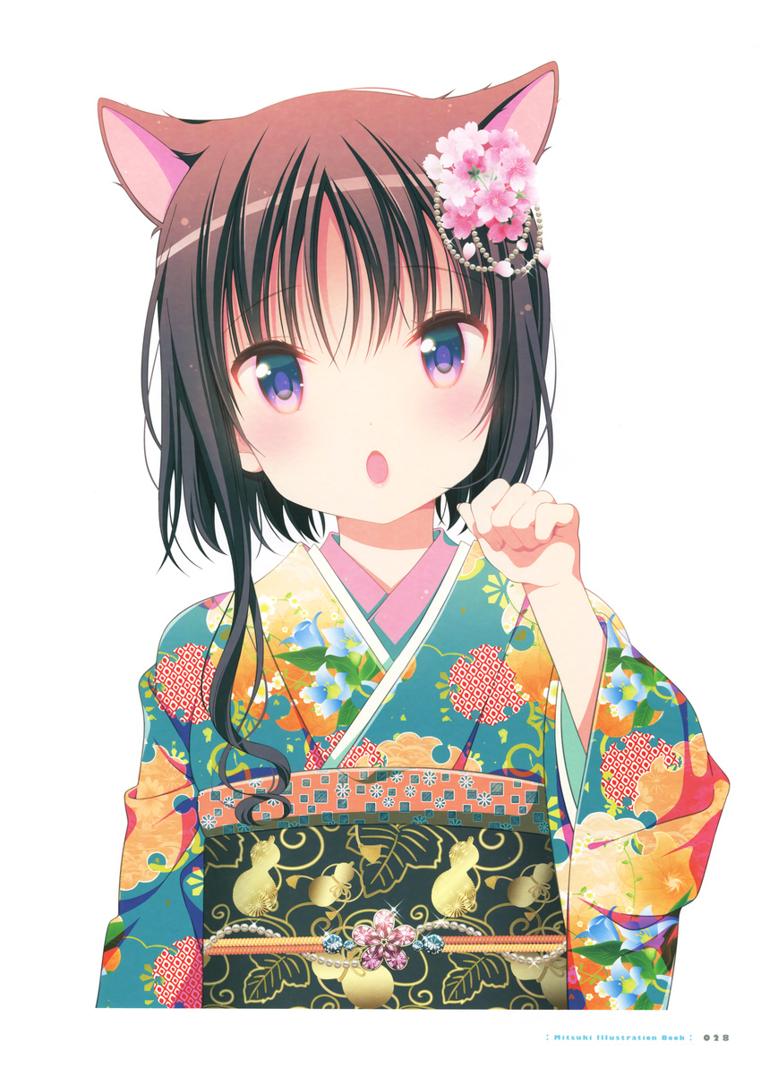 absurdres animal_ears artist_name black_hair blush cat_ears eyes_visible_through_hair flower hagino_chiaki hair_flower hair_ornament head_tilt highres hinako_note japanese_clothes kimono looking_at_viewer march-bunny obi open_mouth page_number paw_pose pink_flower purple_eyes sash short_hair_with_long_locks sidelocks simple_background solo white_background yukata