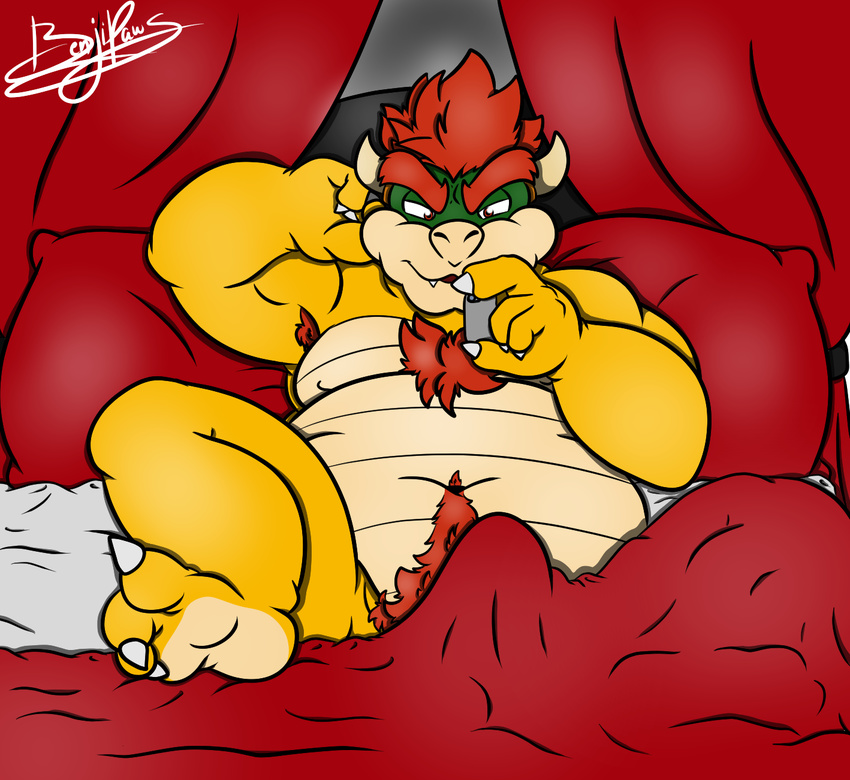 2017 3_toes armpit_hair bed bedding belly belly_hair benjipaws big_belly body_hair bowser bulge chest_hair convenient_censorship erection feet hair hairy koopa lying male mario_bros nintendo overweight phone pillow pubes red_hair scalie signature solo toes video_games