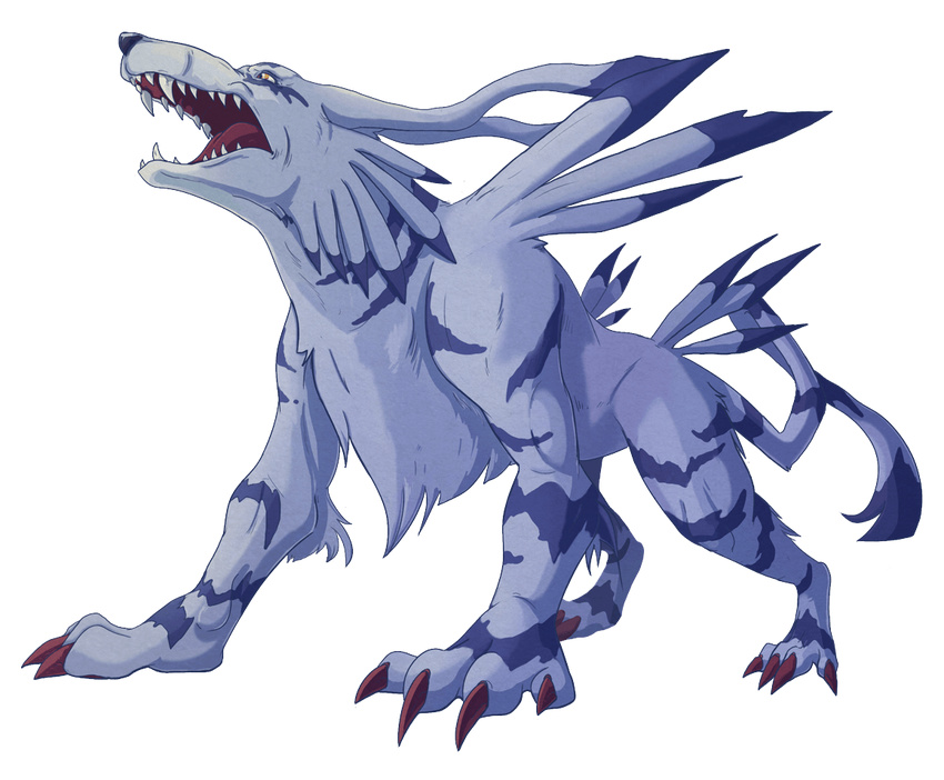 ambiguous_gender blue_fur canine chest_tuft claws digimon dragonnis fangs feral fur garurumon mammal multicolored_fur open_mouth red_claws roaring simple_background solo striped_fur stripes tuft two_tone_fur white_fur wolf yellow_eyes