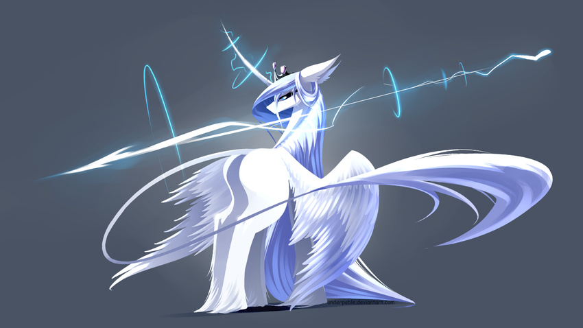 equine fan_character feathered_wings feathers female feral grey_background horn mammal my_little_pony simple_background solo underpable white_feathers winged_unicorn wings