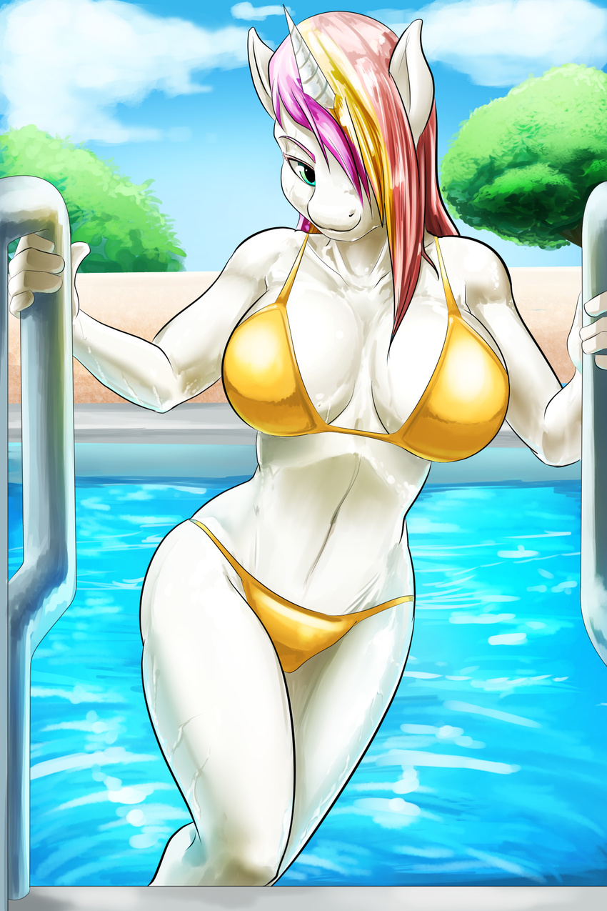 2017 bikini breasts cleavage clothed clothing d-lowell equine fan_character female horn mammal my_little_pony solo swimming_pool swimsuit unicorn water wet