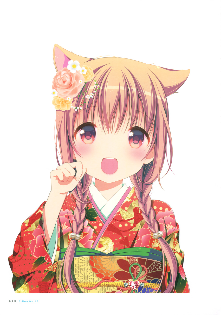 absurdres animal_ears artist_name blush brown_eyes brown_hair cat_ears eyes_visible_through_hair flower hair_between_eyes hair_bobbles hair_flower hair_ornament highres hinako_note japanese_clothes kimono long_hair looking_at_viewer march-bunny open_mouth page_number paw_pose pink_flower red_kimono sakuragi_hinako simple_background solo twintails white_background white_flower yellow_flower yukata
