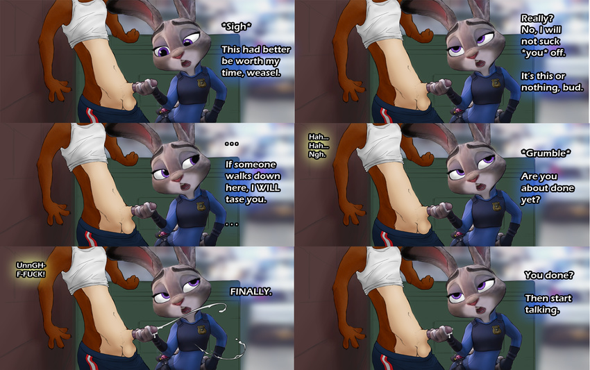 2017 alley anthro back_alley balls claws clothed clothing comic cum cum_string cumshot dialogue disney duke_weaselton duo ejaculation english_text erection eye_roll female fur handjob humanoid_penis judy_hopps lagomorph male male/female mammal mrponeswildride mustelid open_mouth orgasm outside penis purple_eyes rabbit sex simple_background small_penis speech_bubble standing text unimpressed zootopia