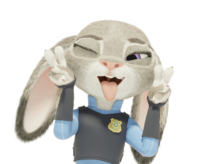 2017 3d_(artwork) absurd_res clothed clothing digital_media_(artwork) disney double_v_sign female foxidro fur gaping_mouth hi_res judy_hopps lagomorph looking_at_viewer mammal one_eye_closed open_mouth police_uniform pose purple_eyes rabbit smile teeth tongue tongue_out uniform uvula v_sign wink zootopia