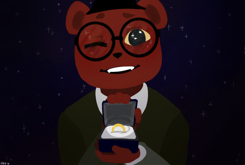 2017 angus_(nitw) anthro bear box clothing cute eyewear fangs fedora fur glasses hat heartwarming invalid_color mammal monochromewasteland_(artist) night night_in_the_woods one_eye_closed ring shirt sky smile solo star sweater teeth undershirt wedding_ring