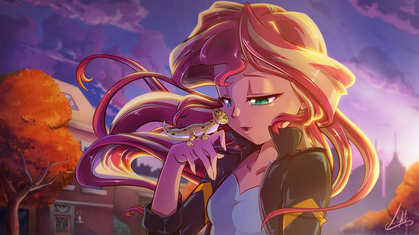 2017 building clothed clothing cloud duo equestria_girls female gecko green_eyes hair house human light262 lizard mammal multicolored_hair my_little_pony outside reptile scalie sky smile sunset_shimmer_(eg) tree two_tone_hair