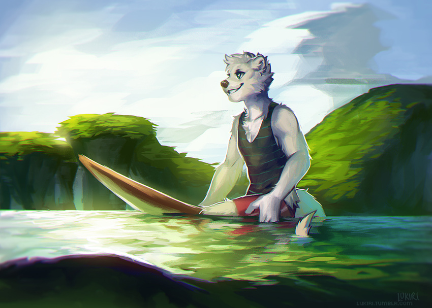 anthro black_nose clothed clothing day detailed_background fur green_eyes lukiri male mammal mustelid otter outside partially_submerged sky smile solo water white_fur