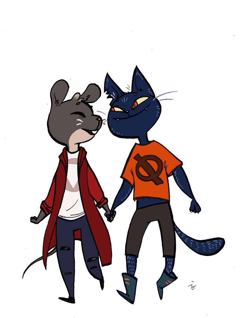 0 2017 alinaisrafilova anthro black_fur boots buckteeth cat claws clothed clothing coat cute daww eyes_closed fangs feline footwear fully_clothed fur grey_fur hands_holding jacket logo lori_m._(nitw) mae_(nitw) mammal midriff mouse night_in_the_woods notched_ear null_symbol ripped_jean rodent shirt shorts smile t-shirt teeth two_tone whiskers