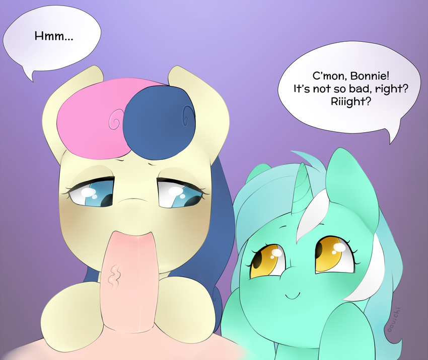 2015 blue_eyes bonbon_(mlp) dialogue duo_focus earth_pony english_text equine eye_contact female feral friendship_is_magic group hair horn horse human long_hair lyra_heartstrings_(mlp) male male/female mammal multicolored_hair my_little_pony oouichi oral pegasus pony sex smile text two_tone_hair unicorn vein wings