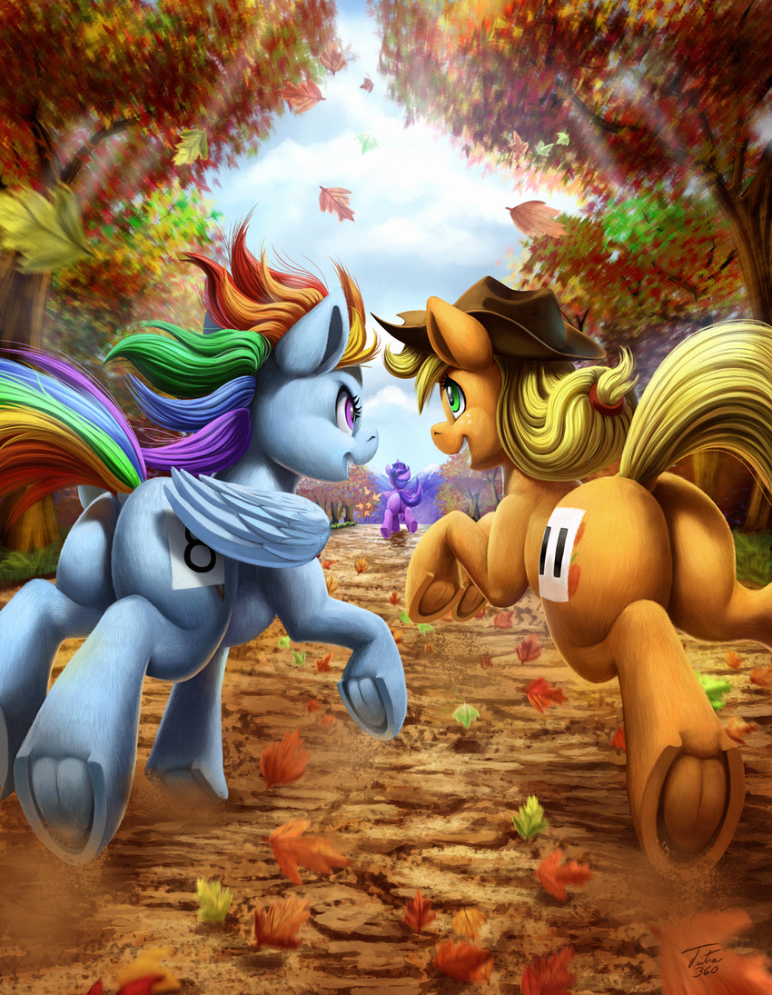 2017 applejack_(mlp) blonde_hair butt butt_focus cutie_mark detailed_background duo_focus earth_pony equine feathered_wings feathers female feral freckles friendship_is_magic green_eyes group hair hat hi_res hooves horse leaves mammal multicolored_hair multicolored_tail my_little_pony outside pegasus pony rainbow_dash_(mlp) rainbow_hair rainbow_tail rear_view running tree tsitra360 twilight_sparkle_(mlp) underhoof wings