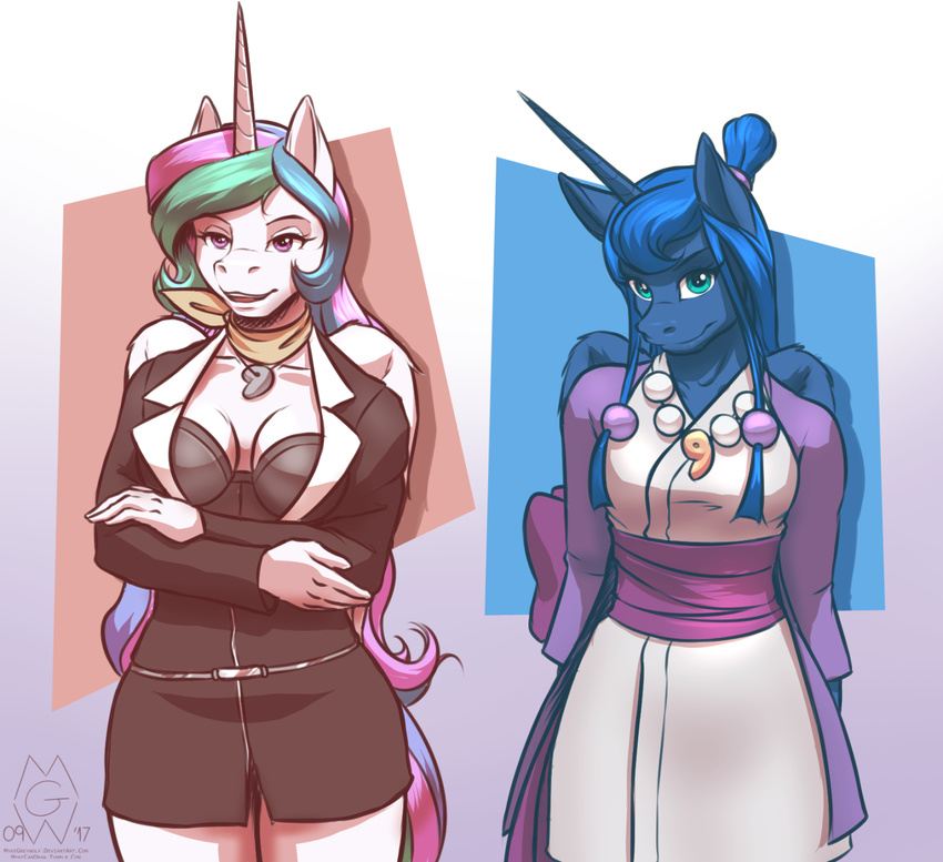 anthro blue_hair breasts clothed clothing duo equine feathered_wings feathers female friendship_is_magic hair horn mammal multicolored_hair my_little_pony mykegreywolf princess_celestia_(mlp) princess_luna_(mlp) purple_eyes smile winged_unicorn wings