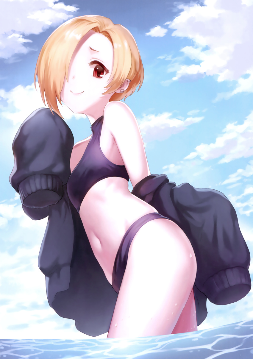 absurdres bikini black_bikini black_sweater blonde_hair breasts cardigan cloud cloudy_sky cowboy_shot day earrings hair_over_one_eye highres idolmaster idolmaster_cinderella_girls jewelry looking_at_viewer meto31 navel open_cardigan open_clothes outdoors red_eyes shirasaka_koume short_hair sky small_breasts smile solo standing sweater swimsuit wading