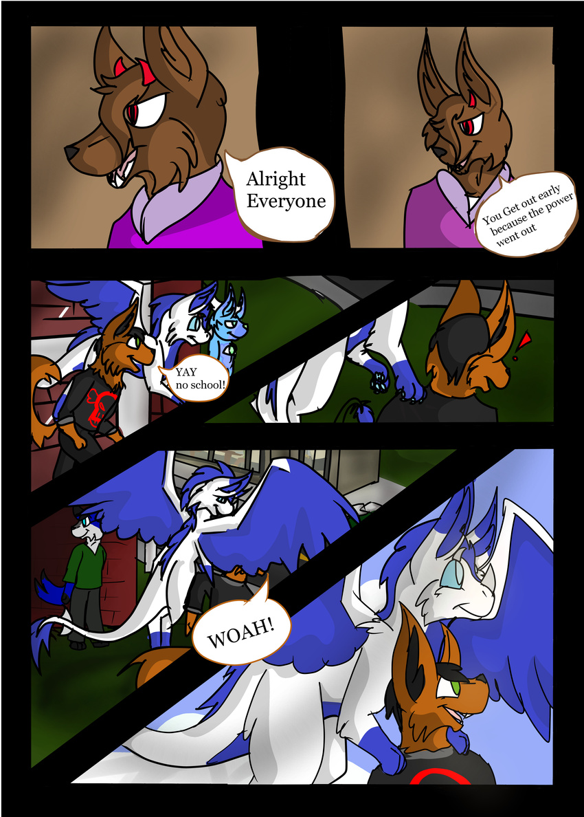 ! blue_eyes blue_fur brown_fur canine cervine claws clothed clothing comic deer dutch_angel_dragon fur green_eyes horn inner_ear_fluff invalid_color light_blue_fur lovecatsanddragons male mammal mane red_eyes text the_adventures_of_blake_and_niveis white_fur wings wolf