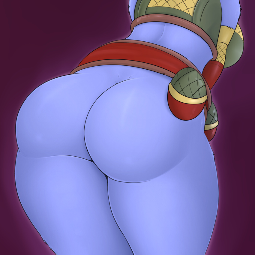 belt big_butt blue_skin booponies bottomless breasts butt butt_focus clothed clothing female fur half_naked hi_res humanoid league_of_legends not_furry rear_view riot_games side_boob solo standing thick_thighs tristana_(lol) video_games yordle