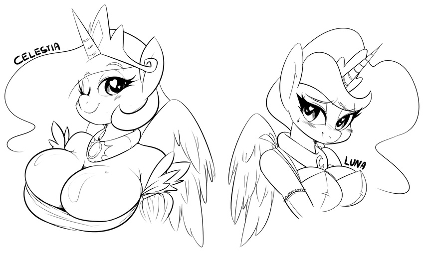 &lt;3 &lt;3_eyes 2015 anthro anthrofied big_breasts black_and_white blush breasts cleavage clothed clothing doggie999 duo equine feathered_wings feathers female friendship_is_magic hair horn long_hair looking_at_viewer mammal monochrome my_little_pony one_eye_closed princess_celestia_(mlp) princess_luna_(mlp) sibling sisters smile sweat winged_unicorn wings