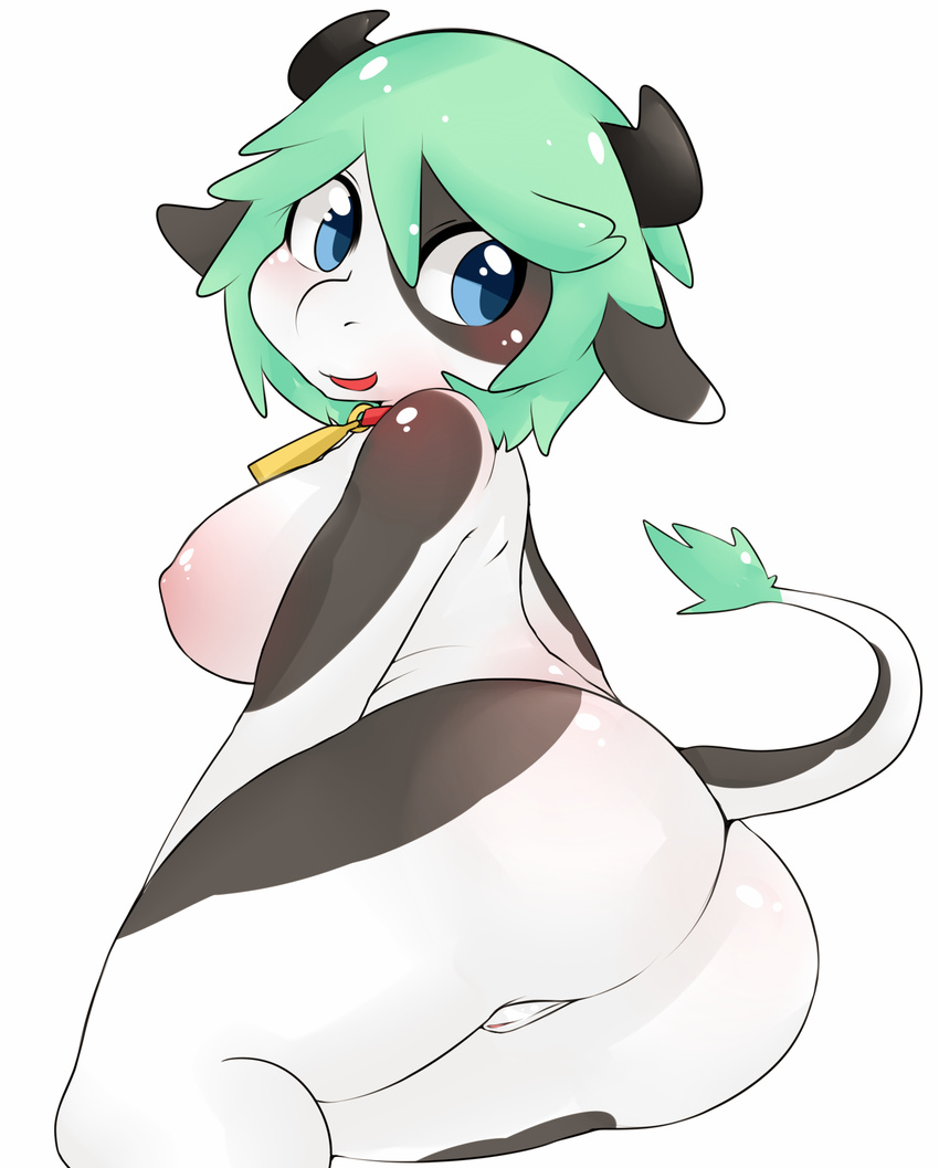 anthro areola berseepon09 big_butt blue_eyes bovine breasts butt cattle collar cute digital_media_(artwork) female green_hair hair hi_res horn looking_back mammal mo&eacute; moe moo nude open_mouth pussy simple_background soft solo