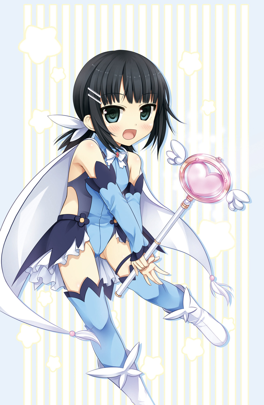 :d absurdres arishima_alice bangs bare_shoulders black_hair blue_legwear blue_leotard blush boots bow brooch cape cosplay cura detached_sleeves enty_reward eyebrows_visible_through_hair fate/kaleid_liner_prisma_illya fate_(series) green_eyes hair_ornament hair_ribbon hairclip heart highres holding holding_wand jewelry leotard long_sleeves looking_at_viewer low_twintails magical_girl miyu_edelfelt miyu_edelfelt_(cosplay) monobeno open_mouth paid_reward ribbon showgirl_skirt sidelocks sleeves_past_wrists smile solo star striped striped_background thighhighs twintails vertical-striped_background vertical_stripes wand white_bow white_cape white_footwear white_ribbon