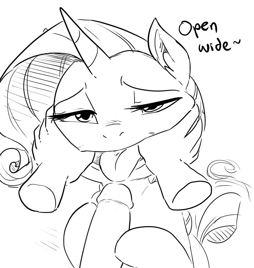 2015 black_and_white dialogue disembodied_hand disembodied_penis duo english_text equine erection female feral friendship_is_magic glacierclear hair half-closed_eyes hi_res horn humanoid_penis looking_at_viewer male male/female mammal monochrome my_little_pony penis rarity_(mlp) solo_focus text tongue tongue_out uncut unicorn