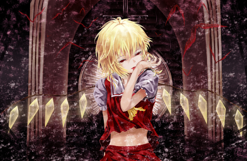 blonde_hair flandre_scarlet red_eyes shiiku short_hair solo touhou wings