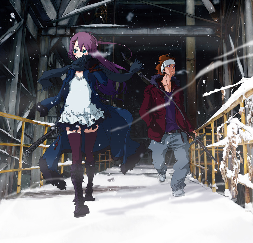 1girl baggy_pants blue_eyes boots brown_eyes highres long_hair original pants purple_hair scarf snow sword thighhighs weapon zai_(pixiv) zettai_ryouiki