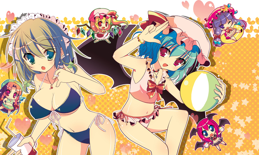 :d :o aqua_hair ball bat_wings beachball bikini blonde_hair blue_eyes blue_hair bow bowtie bracelet braid breasts chibi crescent drink drinking_straw flandre_scarlet flat_chest food front-tie_top green_eyes hair_bow halftone halftone_background hand_on_hip happy hat head_wings heart holding hong_meiling innertube izayoi_sakuya jewelry koakuma large_breasts long_hair maid_headdress mcdonald's multiple_girls open_mouth orange_hair patchouli_knowledge pendant pink_hair product_placement purple_eyes purple_hair red_eyes red_hair remilia_scarlet salute shaved_ice shiwasu_horio short_hair side-tie_bikini side_ponytail smile star starry_background swimsuit the_embodiment_of_scarlet_devil touhou twin_braids two-finger_salute wavy_mouth wings
