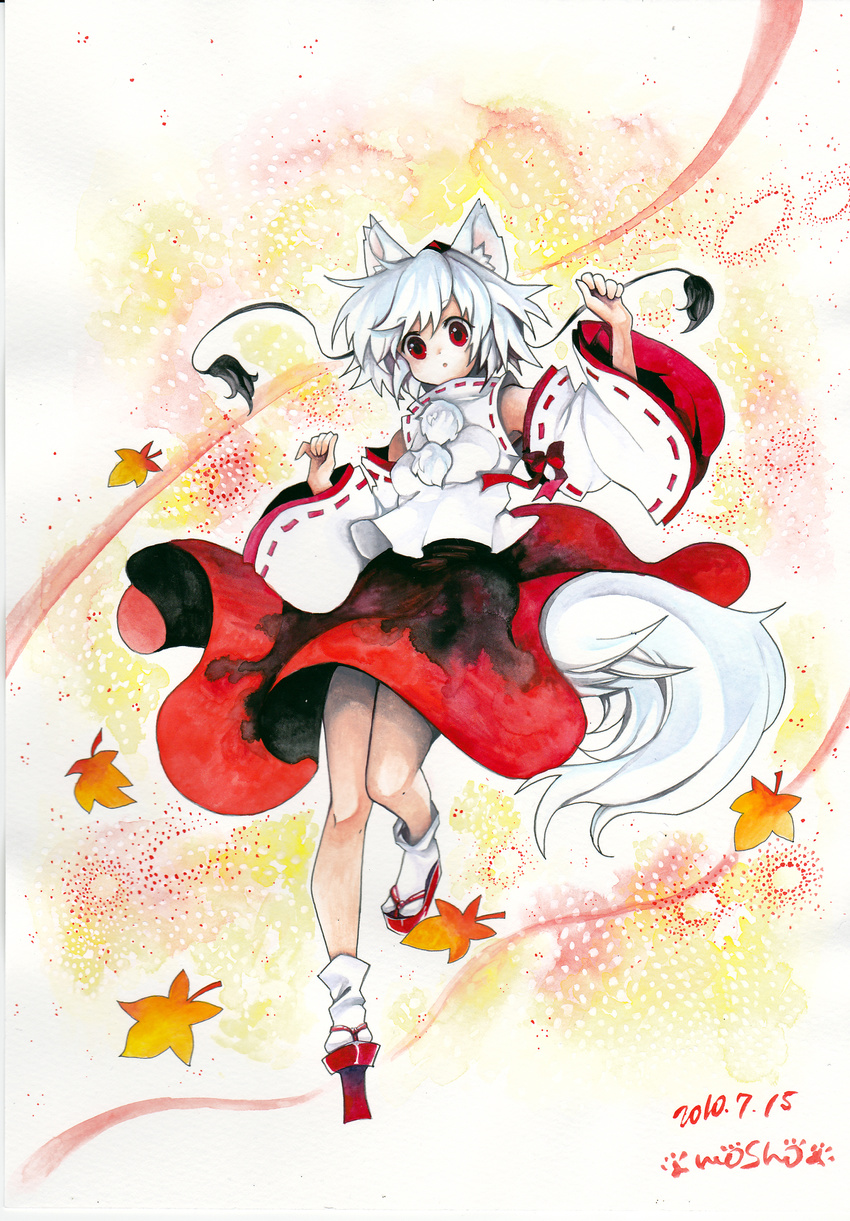 absurdres animal_ears dated detached_sleeves geta hat highres inubashiri_momiji mosho red_eyes short_hair signature silver_hair solo tail tengu-geta tokin_hat touhou traditional_media wolf_ears wolf_tail