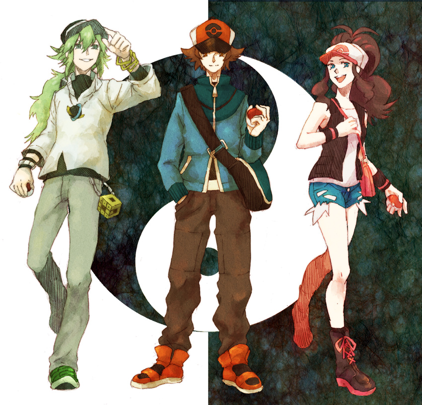 2boys baseball_cap full_body hand_on_headwear hat multiple_boys n_(pokemon) pokemon pokemon_(game) pokemon_bw shoes shorts smile smirk sneakers tank_top touko_(pokemon) touya_(pokemon) vest wristband yin_yang zinnkousai3850