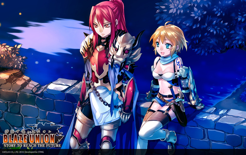 1girl armor blaze_union blonde_hair blue_eyes garlot highres kousaki_rui midriff official_art ponytail red_hair siskier wallpaper yellow_eyes