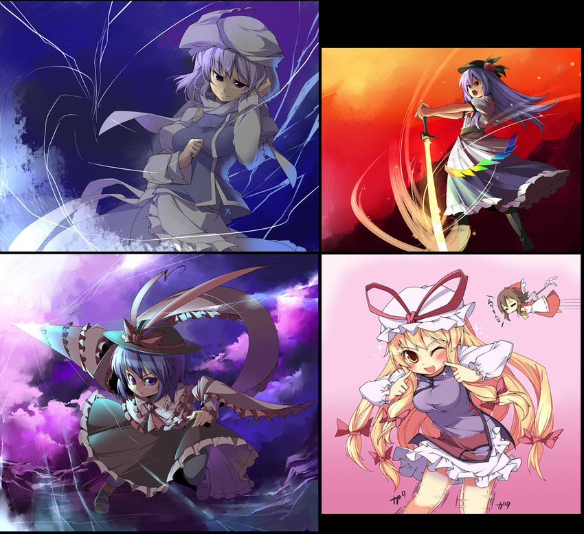 blonde_hair blue_hair drill food fruit gohei hakurei_reimu hat highres hinanawi_tenshi kokka_han leaf letty_whiterock multiple_girls nagae_iku odd_one_out peach purple_hair sword sword_of_hisou touhou weapon yakumo_yukari