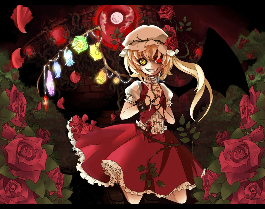 alternate_wings ascot bat_wings blonde_hair blue_flower blue_rose cross dress evil_grin evil_smile flandre_scarlet flower green_flower green_rose grin hat heterochromia orange_flower orange_rose ponytail purple_flower purple_rose red_eyes red_flower red_rose rose shio_(5rs) short_hair side_ponytail smile solo thorns touhou vampire wings yellow_eyes yellow_flower yellow_rose