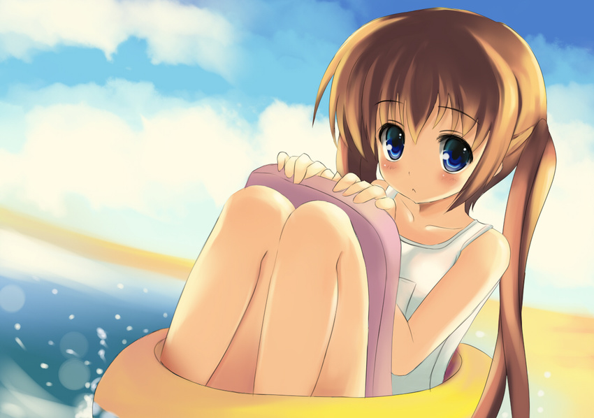 bad_id bad_pixiv_id blue_eyes brown_hair day innertube kickboard long_hair one-piece_swimsuit original pini school_swimsuit solo swimsuit twintails white_school_swimsuit white_swimsuit