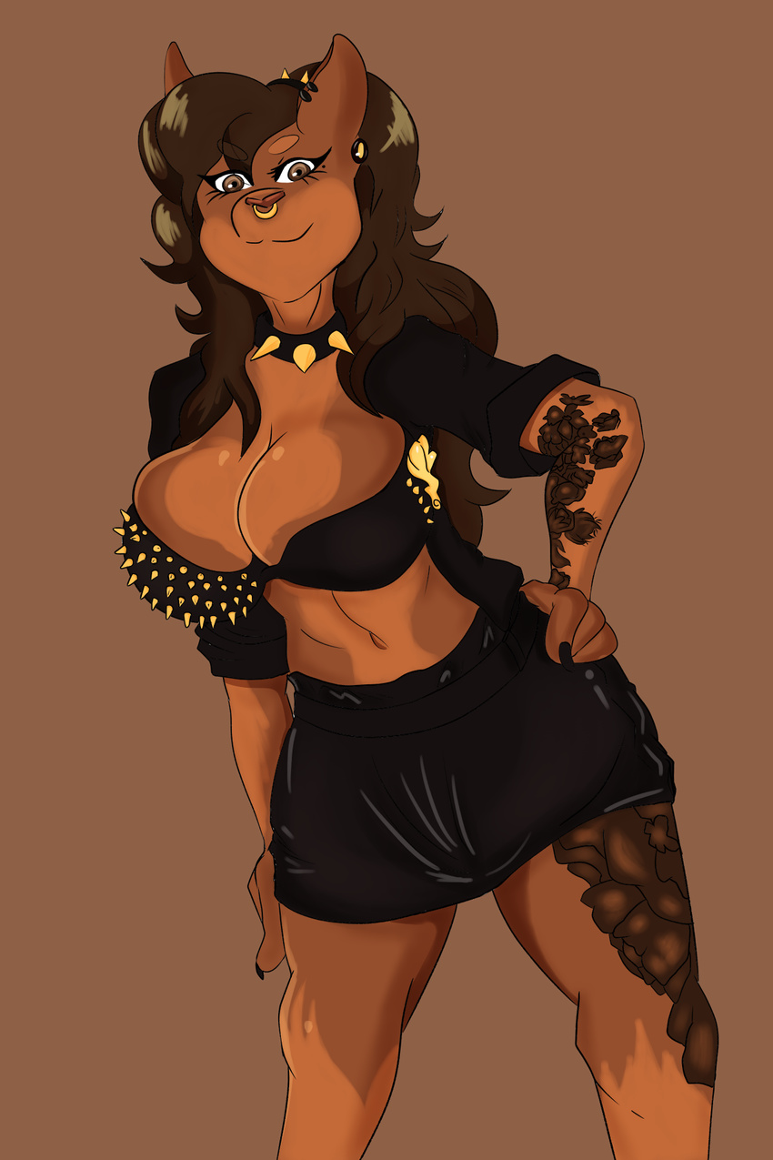 2017 anthro big_breasts biped black_clothing bra breasts brown_background brown_body brown_claws brown_eyes brown_hair brown_markings brown_theme canine claws cleavage clothed clothing collar digital_drawing_(artwork) digital_media_(artwork) doberaunt doberman dog ear_piercing eyelashes facial_piercing female gauged_ear hair hairband hand_on_hip hi_res humanoid_hands leaning leaning_forward long_hair looking_at_viewer mammal markings navel navel_rim nose_piercing nose_ring open_jacket piercing portrait septum_piercing simple_background skirt smile solo solratic spiked_collar spikes standing tattoo three-quarter_portrait tight_clothing underwear