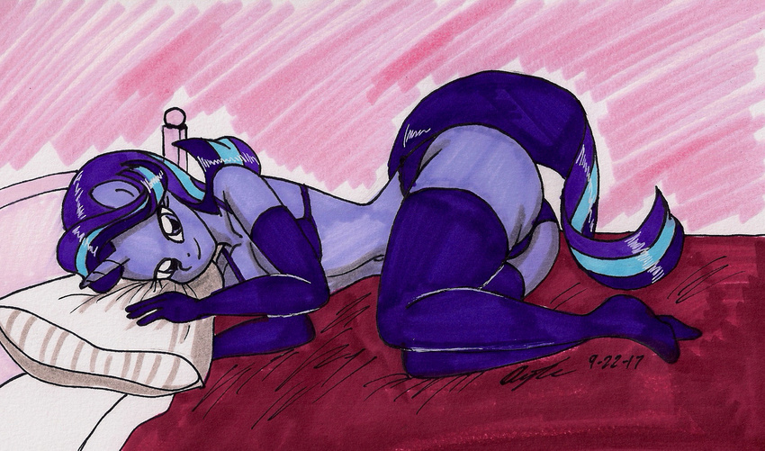 2017 anthro anthrofied armwear bedroom_eyes bra breasts cleavage clothed clothing elbow_gloves equine female friendship_is_magic gloves half-closed_eyes horn legwear lying mammal my_little_pony newyorkx3 panties pose seductive solo starlight_glimmer_(mlp) stockings underwear unicorn