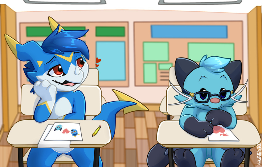 2017 blue_fur blue_hair blue_scales classroom cute detailed_background dewott digimon digital_media_(artwork) dragon duo eyewear fan_character fur glasses hair hi_res kai_the_dewott lizard love_letter male mammal markings mustelid nintendo niu-ka open_mouth otter pok&eacute;mon red_eyes reptile scales scalie school vee4eva veemon video_games yami_(character) yami_the_veemon